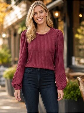 Doe & Rae Burgundy Textured Knit Puff Sleeve Fitted Sweater Top Small